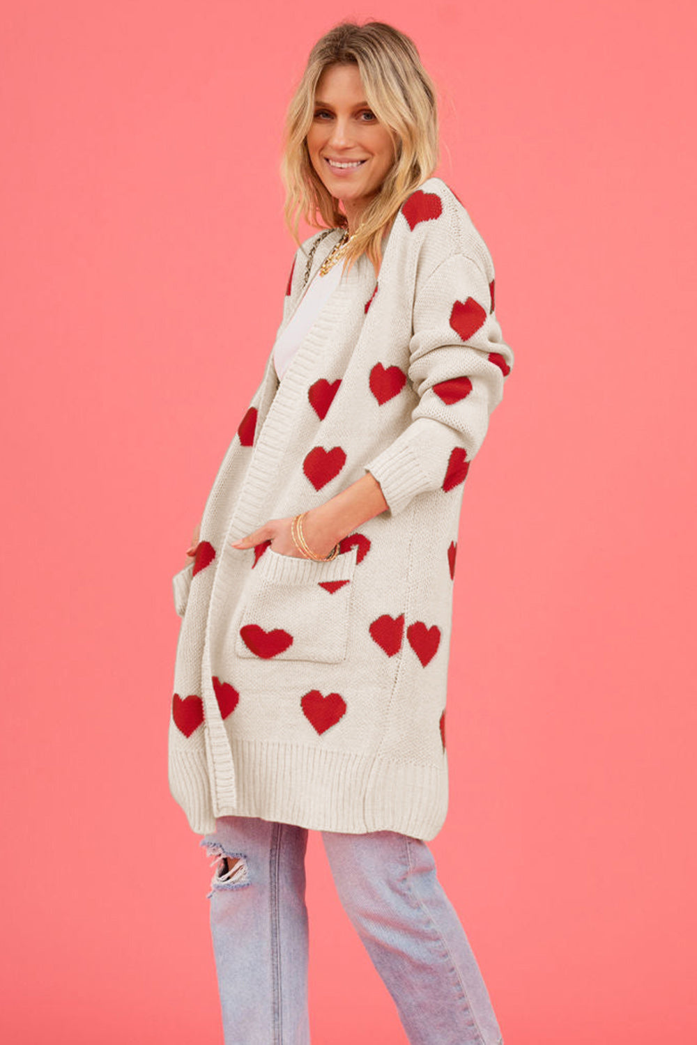 Heart Graphic Open Front Cardigan with Pockets-Angel Casuals
