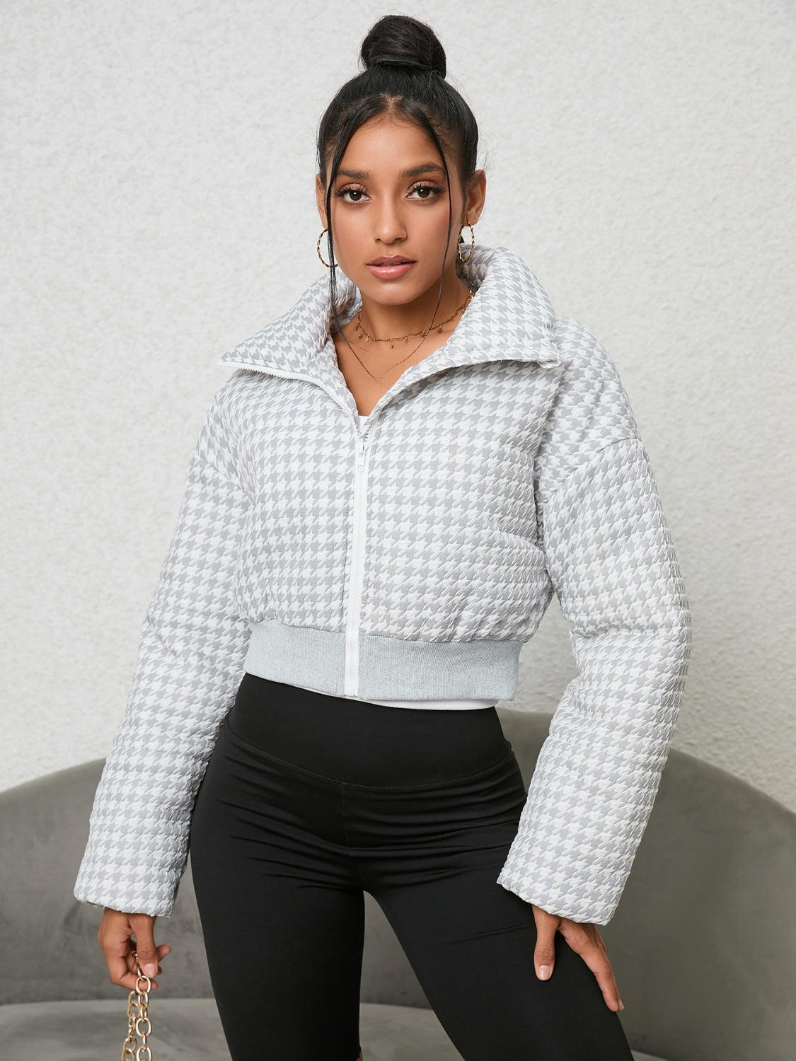 Houndstooth Zip-Up Jacket-Angel Casuals