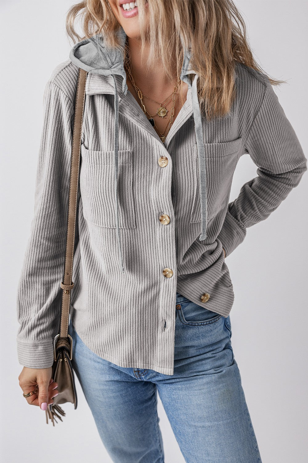 Drawstring Button Up Long Sleeve Hooded Jacket-Angel Casuals