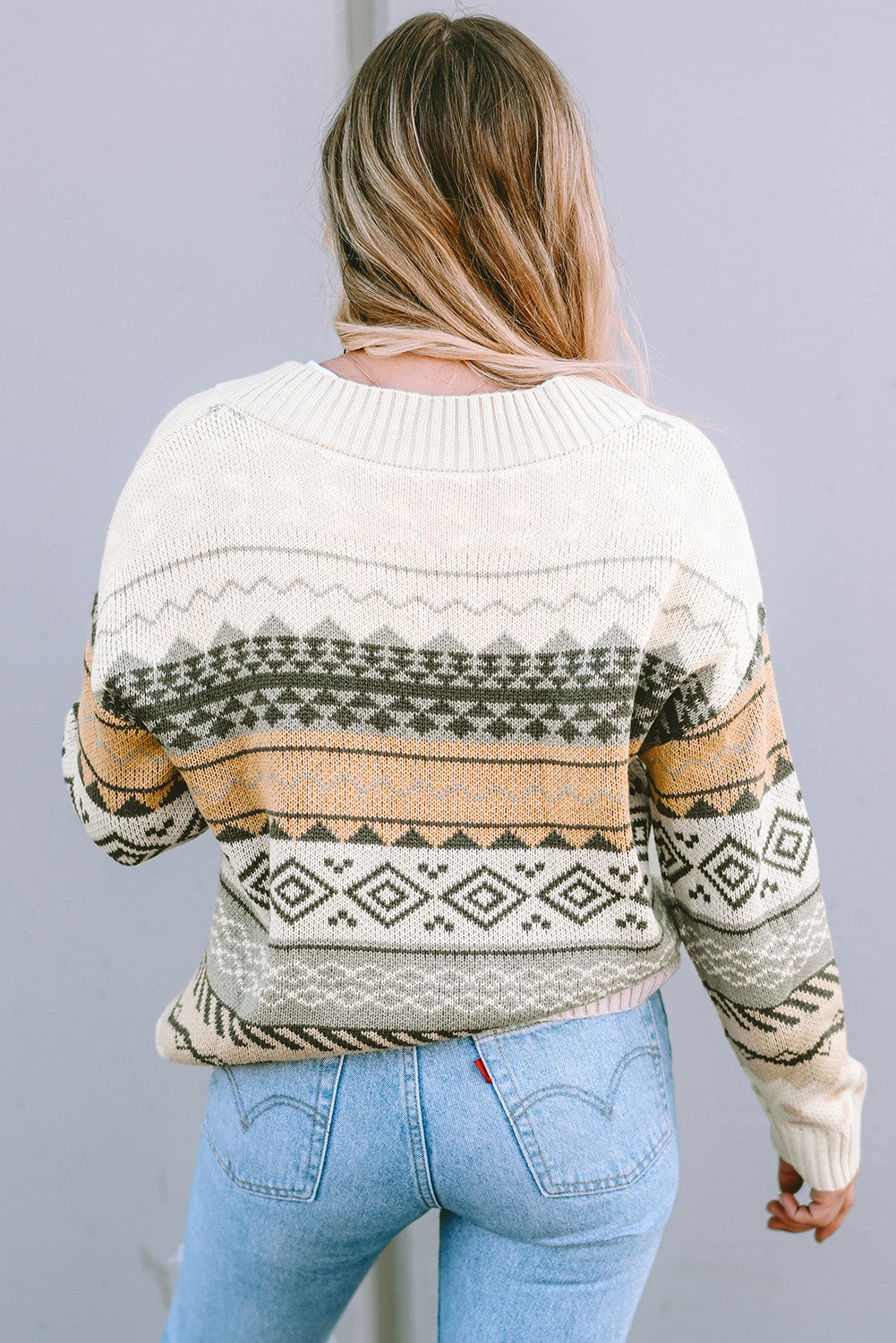 Geometric V-Neck Dropped Shoulder Sweater-Angel Casuals