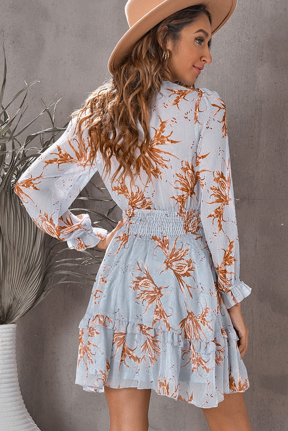 Floral Deep V Flounce Sleeve Mini Dress-Angel Casuals