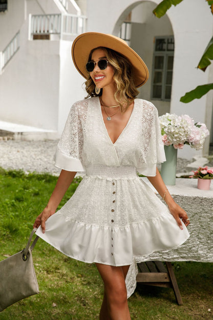 Lace Cutout Surplice Half Sleeve Dress-Angel Casuals