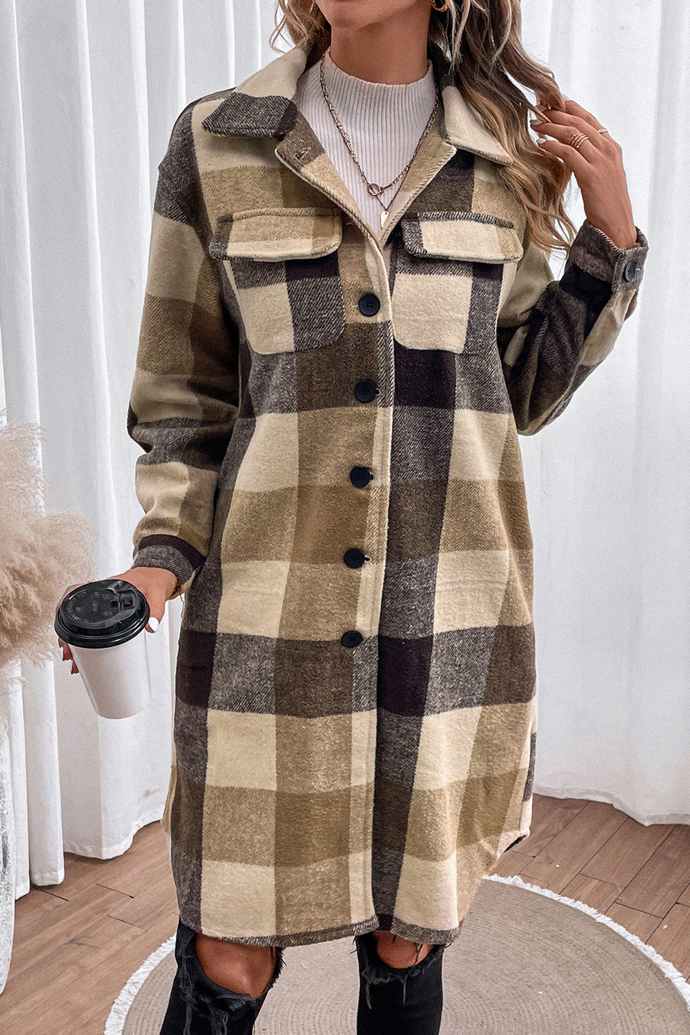 Plaid Button Down Longline Coat-Angel Casuals