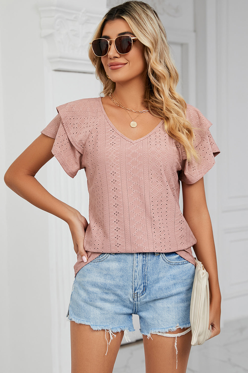 Eyelet V-Neck Short Sleeve T-Shirt-Angel Casuals