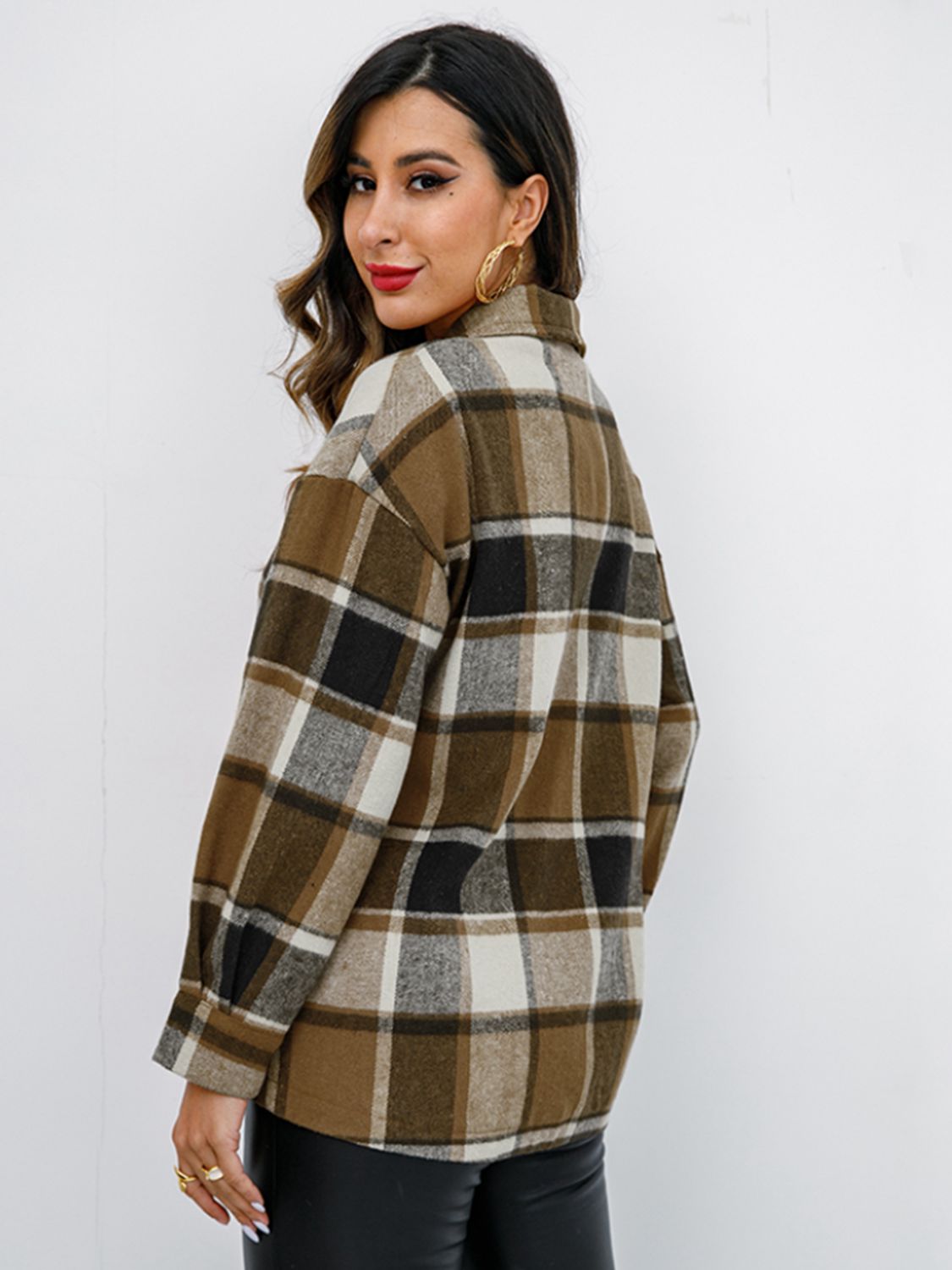 Plaid Button Up Collared Neck Jacket-Angel Casuals