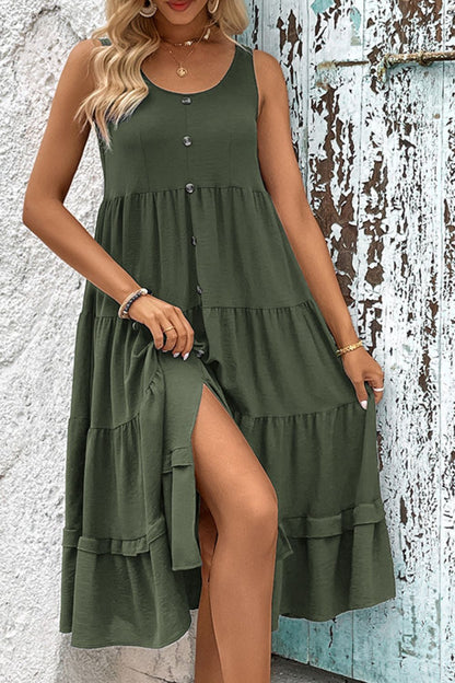 Decorative Button Scoop Neck Tiered Sleeveless Dress-Angel Casuals