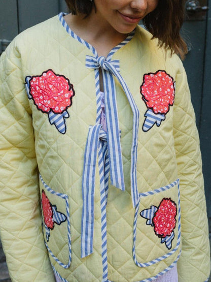Embroidered Flower Tied Long Sleeve Winter Coat-Angel Casuals