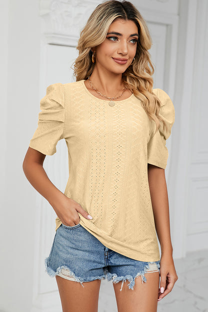 Eyelet Round Neck Puff Sleeve T-Shirt-Angel Casuals