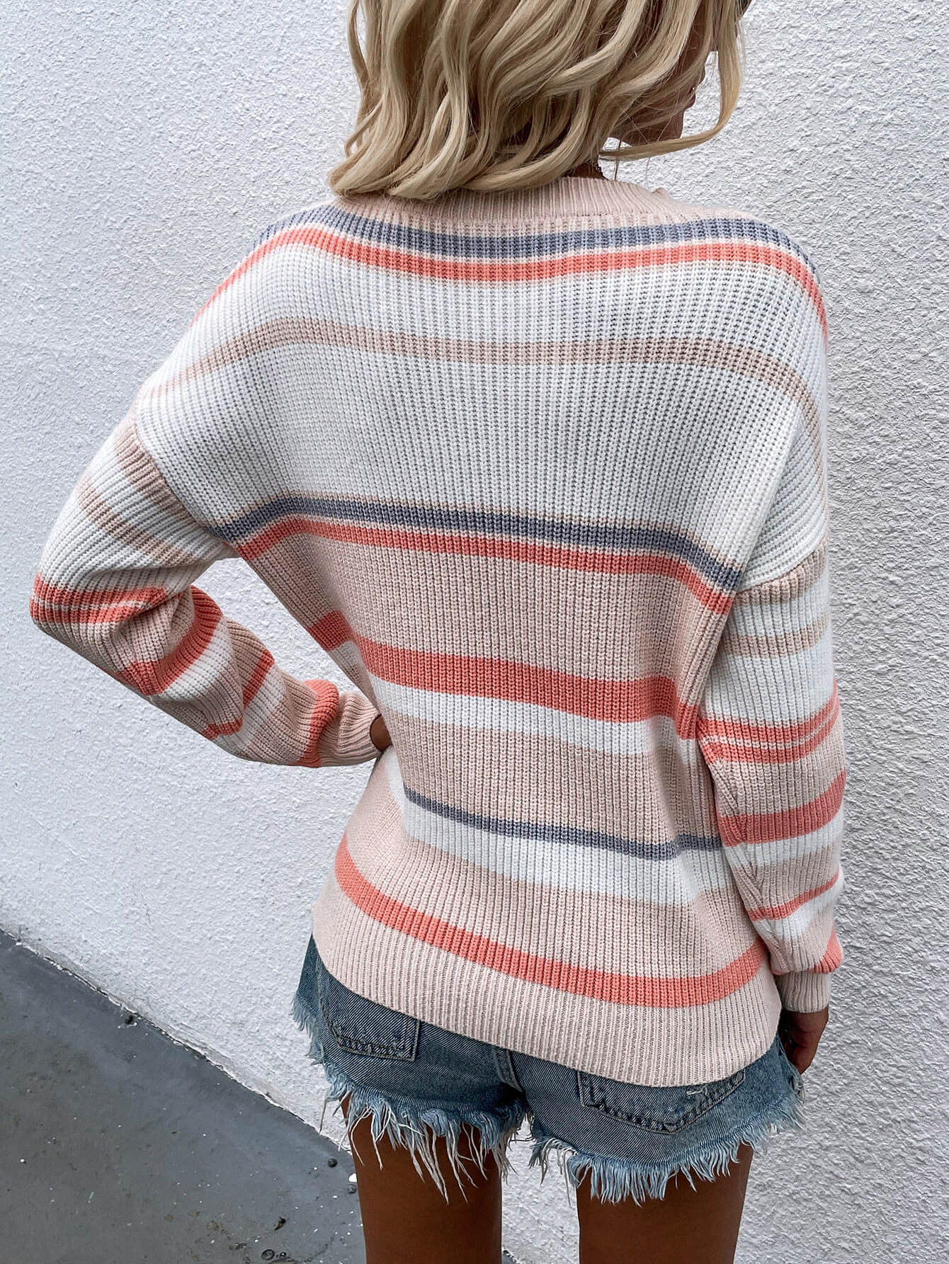 Striped Drop Shoulder Round Neck Pullover Sweater-Angel Casuals