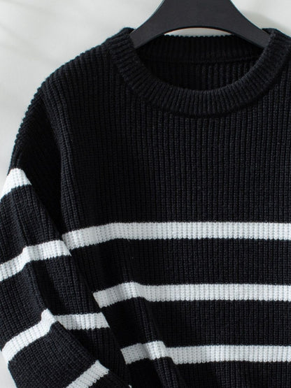 Striped Round Neck Dropped Shoulder Sweater-Angel Casuals