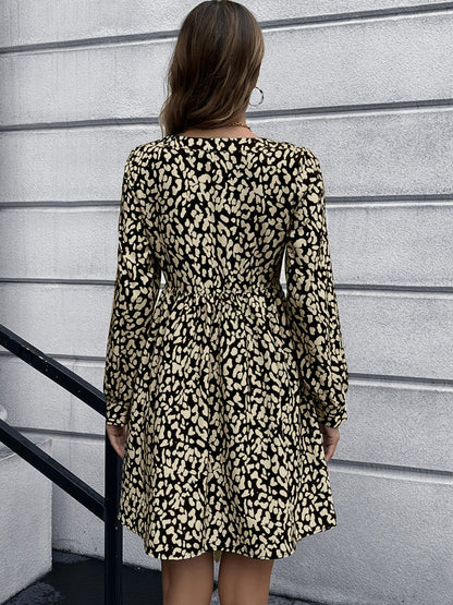 Animal Print Buttoned V-Neck Long Sleeve Dress-Angel Casuals