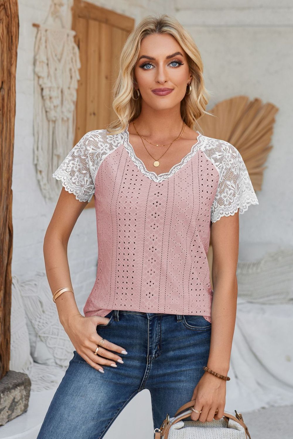 Eyelet V-Neck Lace Short Sleeve T-Shirt-Angel Casuals