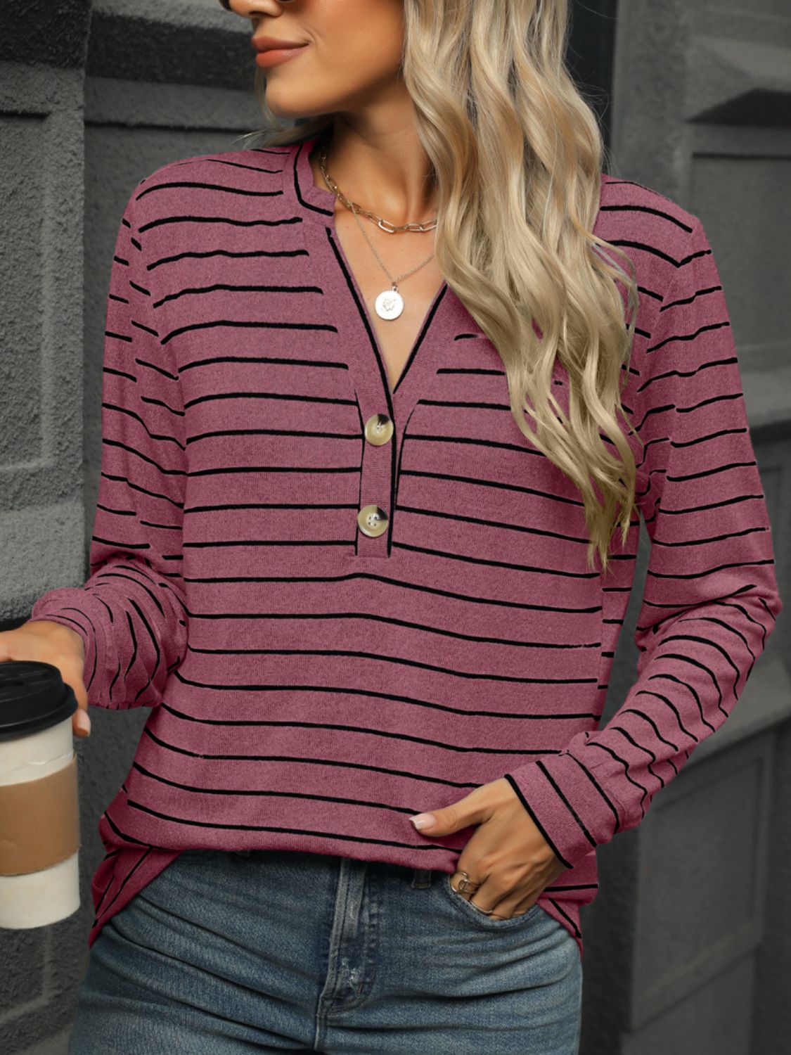 Striped Notched Long Sleeve T-Shirt-Angel Casuals