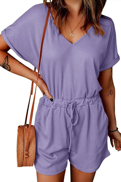 Full Size Drawstring V-Neck Short Sleeve Romper-Angel Casuals