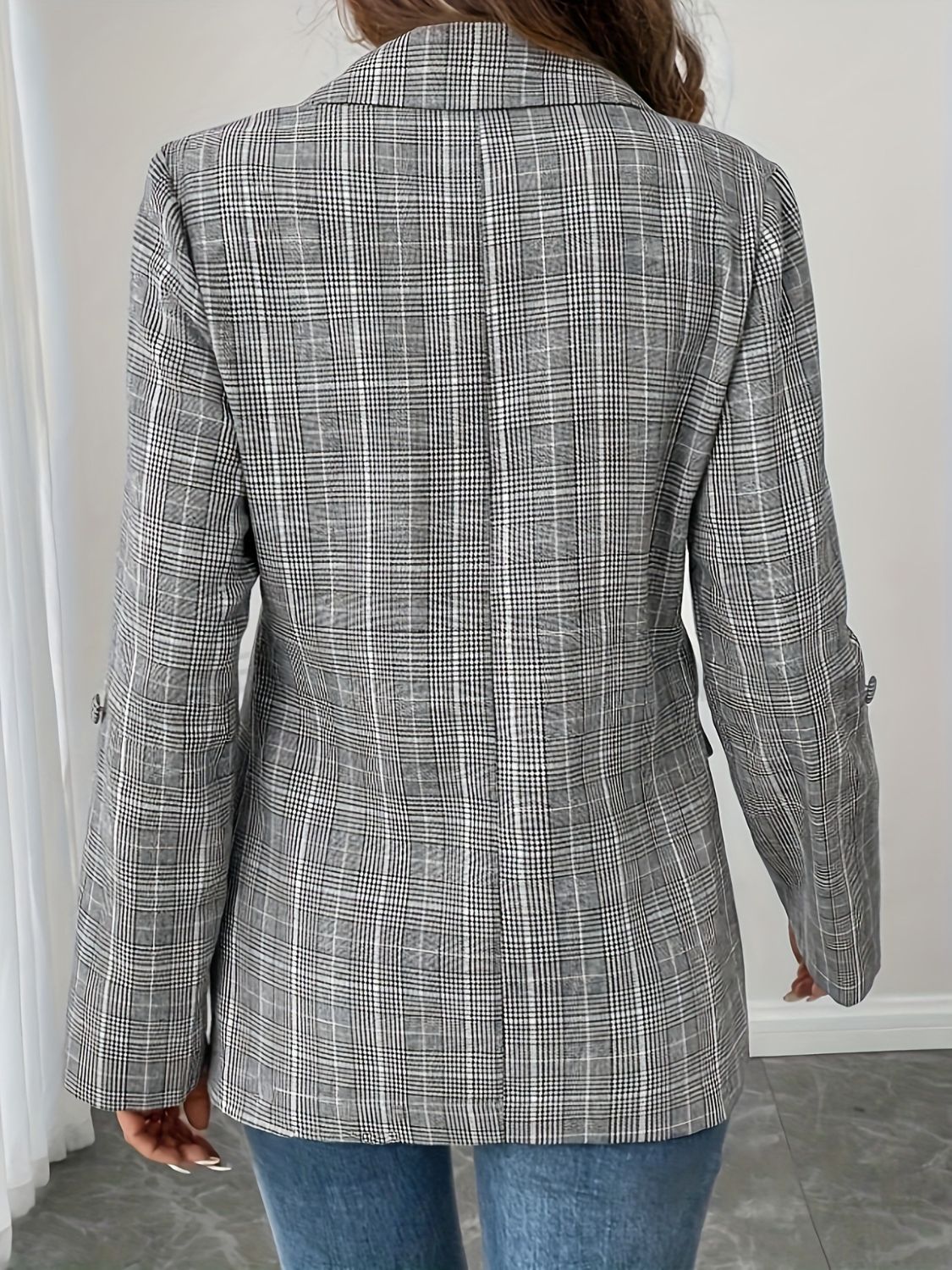 Single-Breasted Lapel Collar Plaid Blazer-Angel Casuals