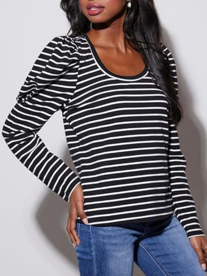 Striped Round Neck Long Sleeve T-Shirt-Angel Casuals