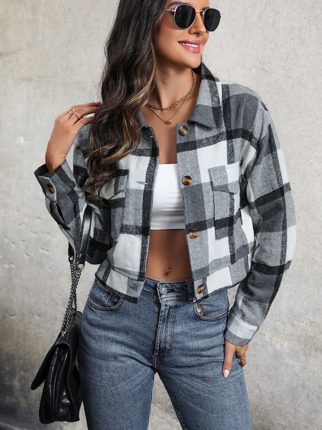 Perfee Plaid Button Up Drop Shoulder Cropped Jacket-Angel Casuals