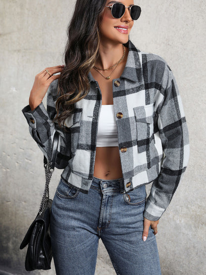 Perfee Plaid Button Up Drop Shoulder Cropped Jacket-Angel Casuals