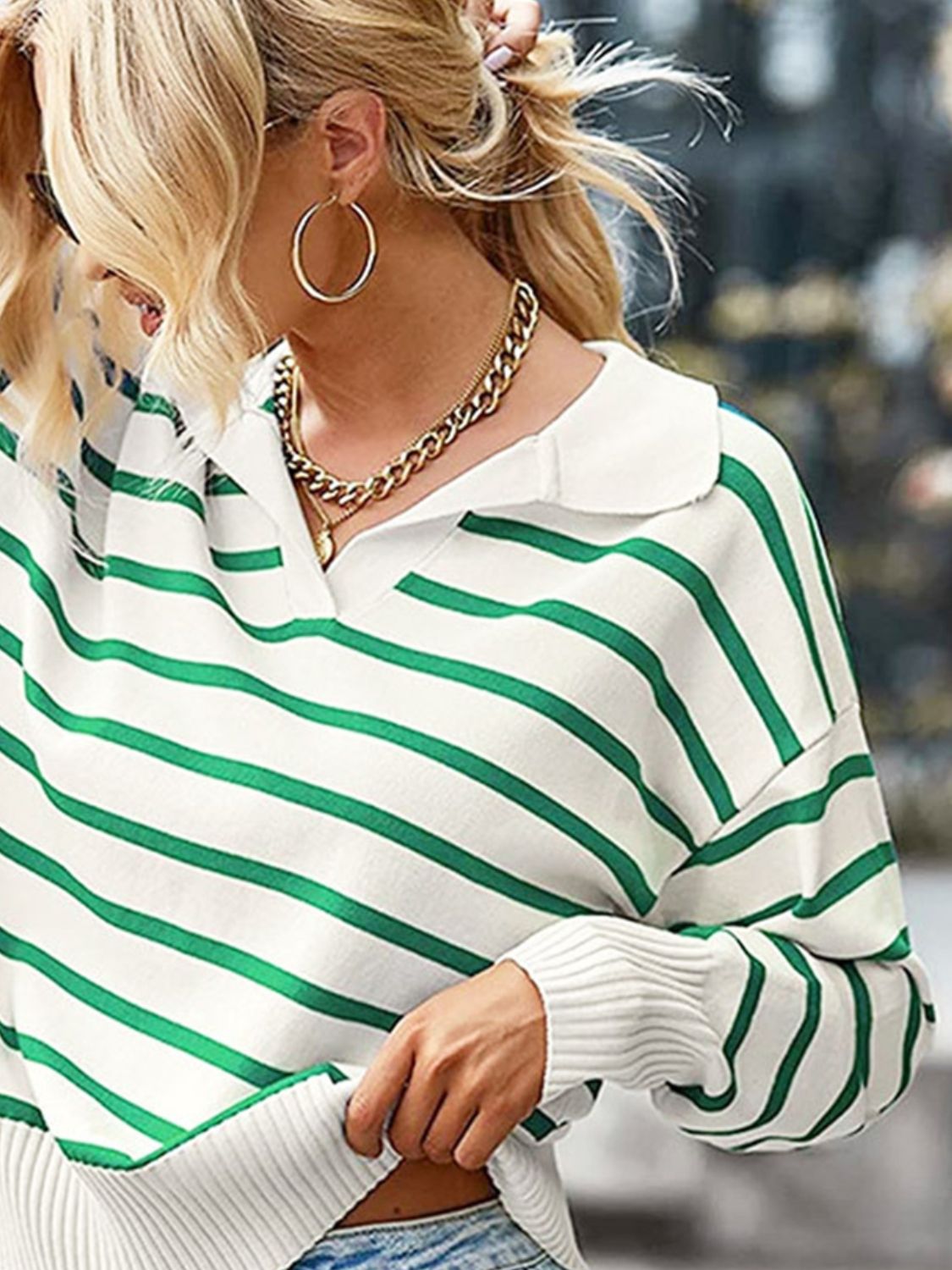 Striped Collared Neck Knit Top-Angel Casuals