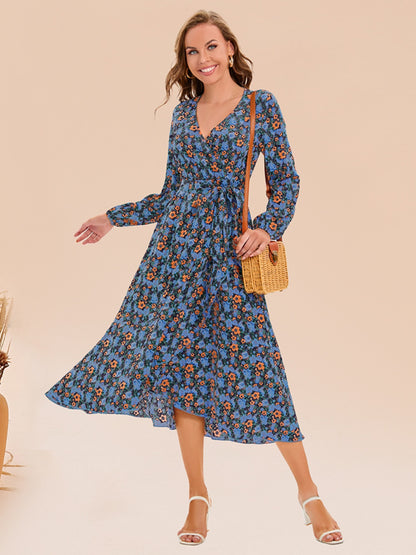 Full Size Printed Surplice Long Sleeve Dress-Angel Casuals