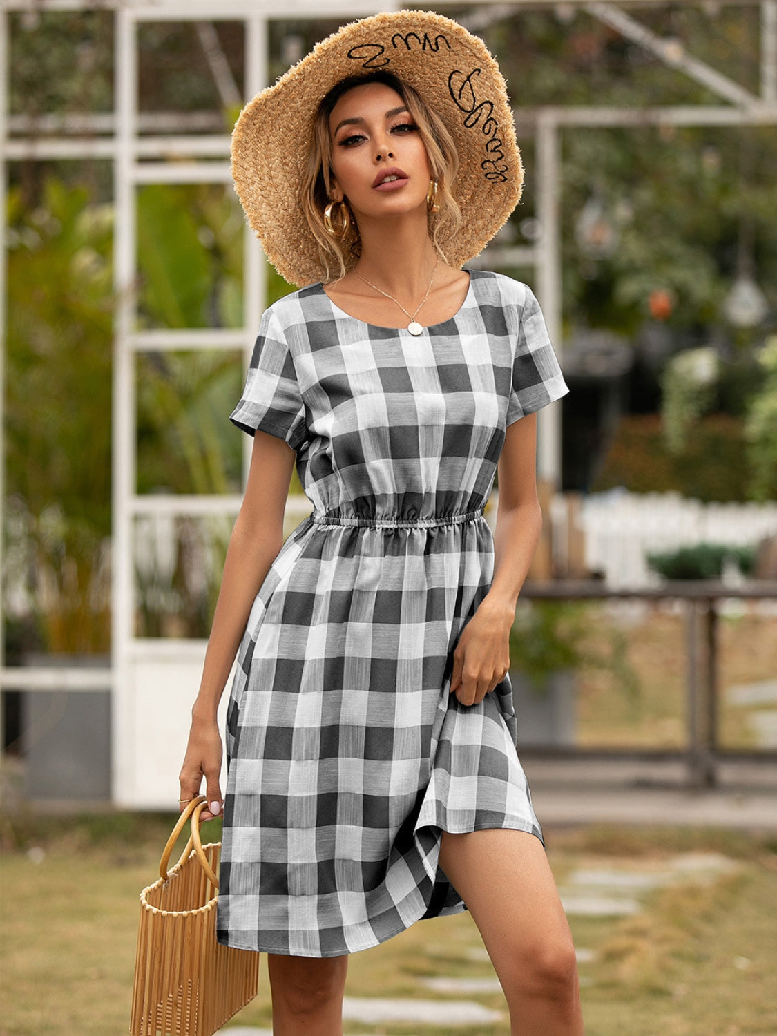 Smocked Plaid Round Neck Short Sleeve Dress-Angel Casuals