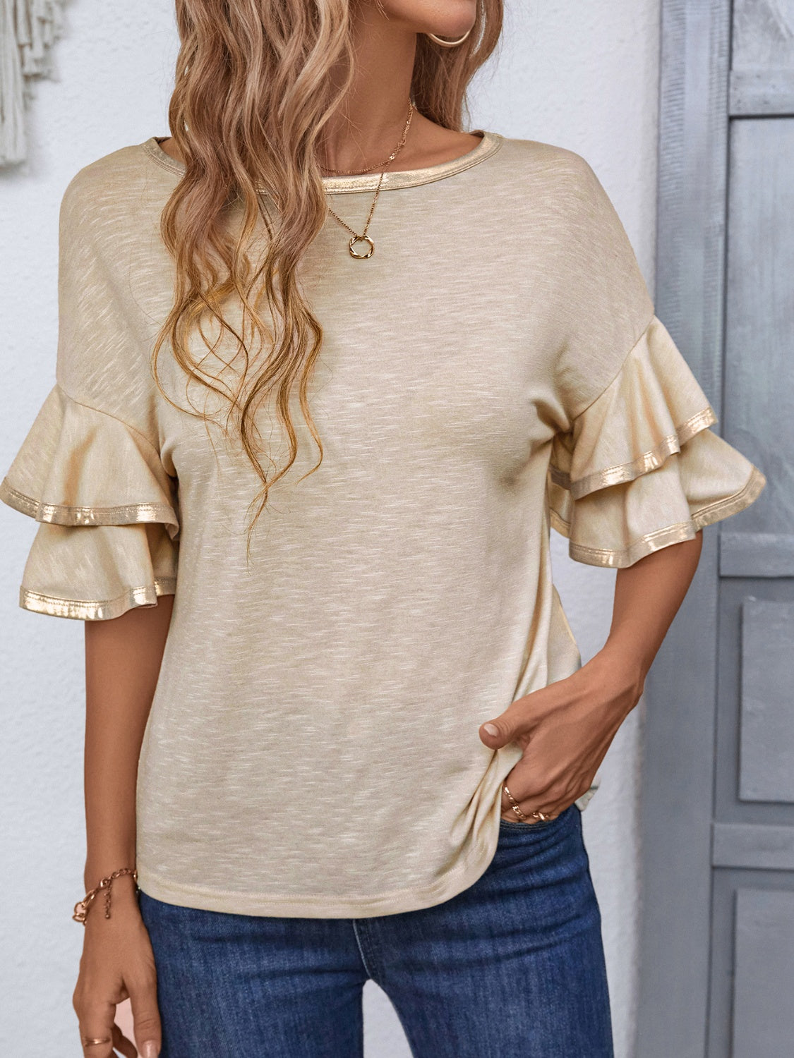 Round Neck Flounce Sleeve T-Shirt-Angel Casuals