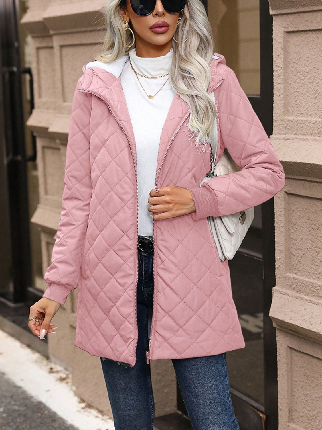 Quilted Zip Up Hooded Jacket with Pockets-Angel Casuals