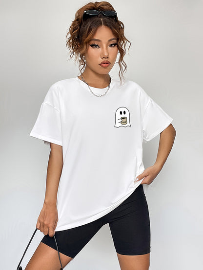 Round Neck Short Sleeve Ghost Graphic T-Shirt-Angel Casuals