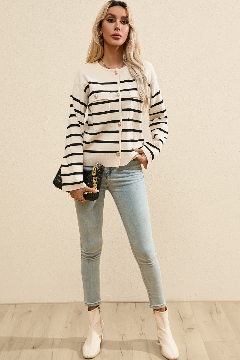 Striped Button Up Round Neck Cardigan-Angel Casuals