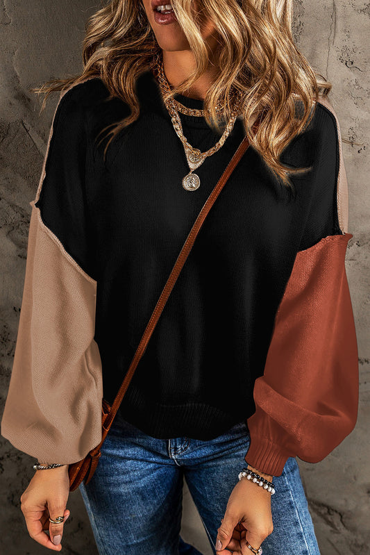 Contrast Round Neck Dropped Shoulder Sweater-Angel Casuals