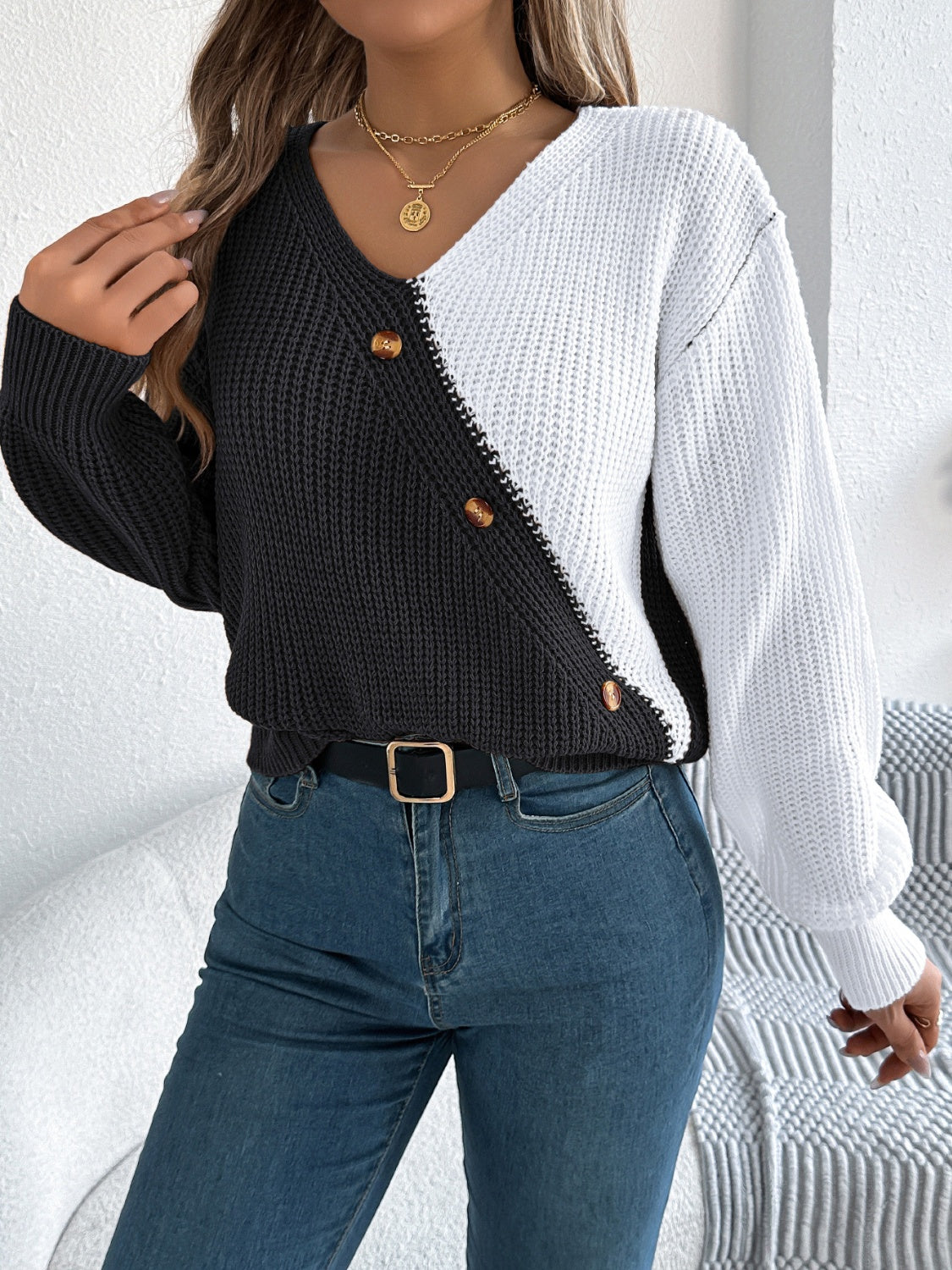 Two-Tone V-Neck Long Sleeve Sweater-Angel Casuals