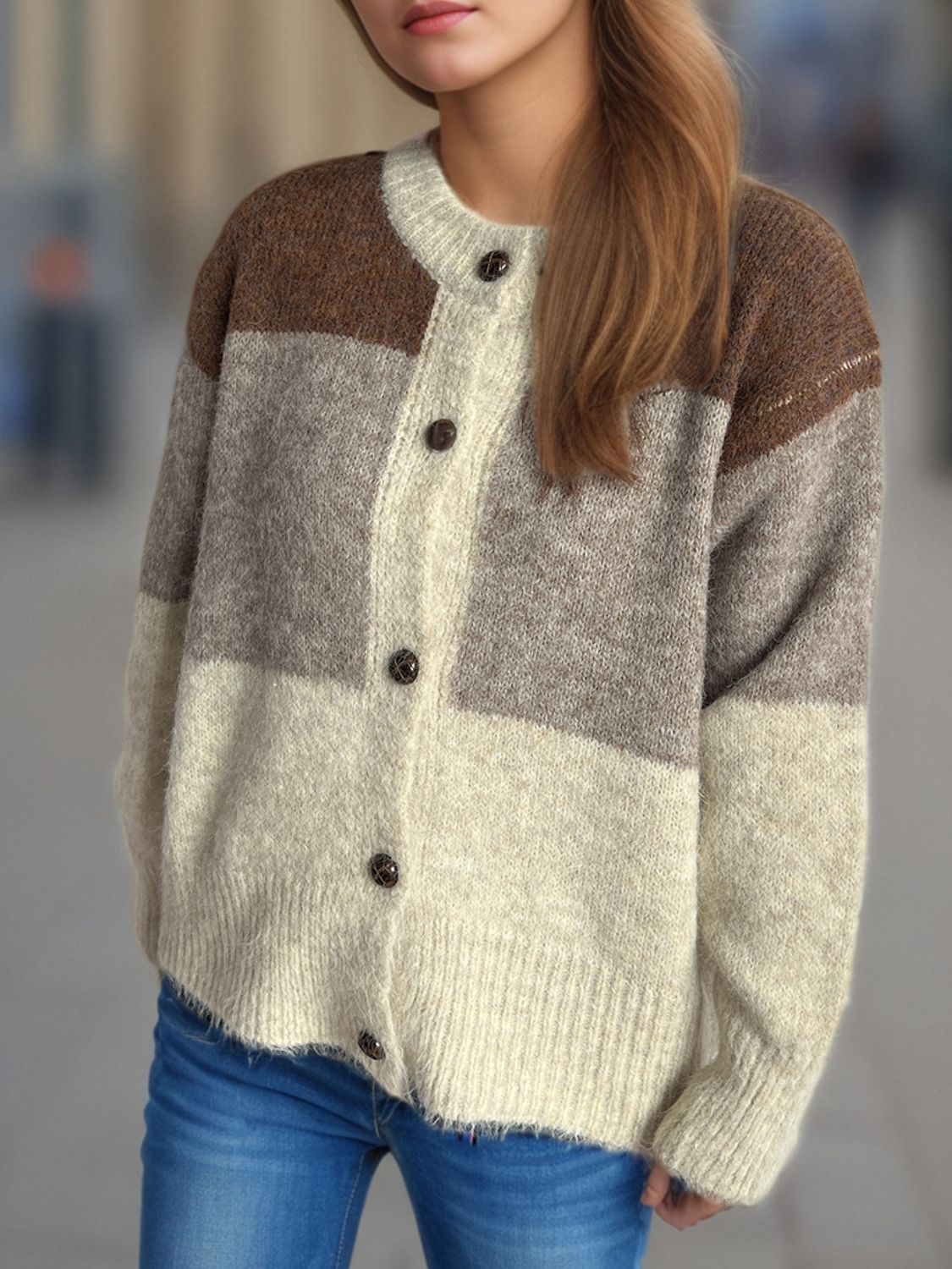 Color Block Round Neck Button Up Cardigan-Angel Casuals
