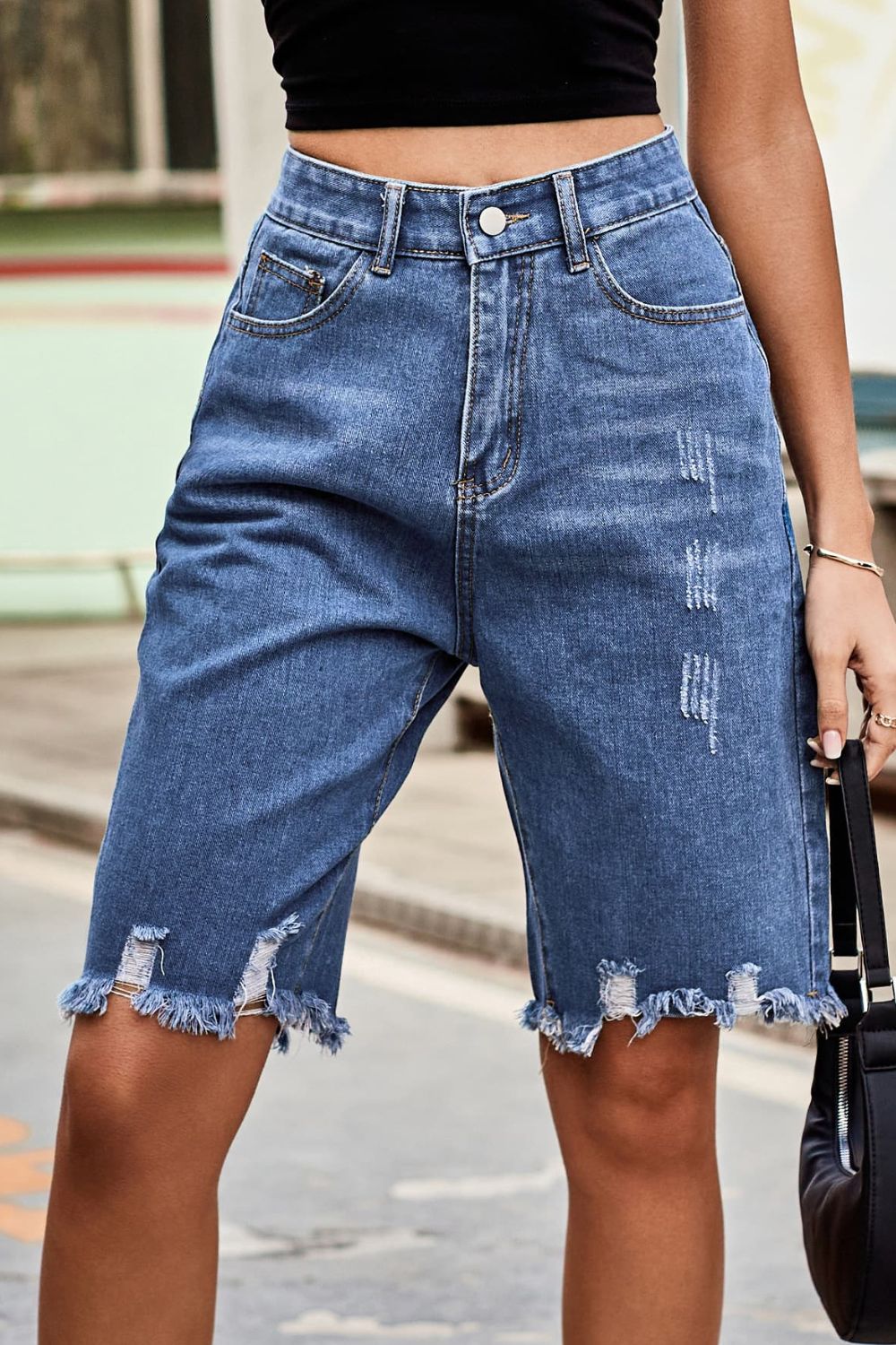 Raw Hem High Waist Denim Shorts with Pockets-Angel Casuals