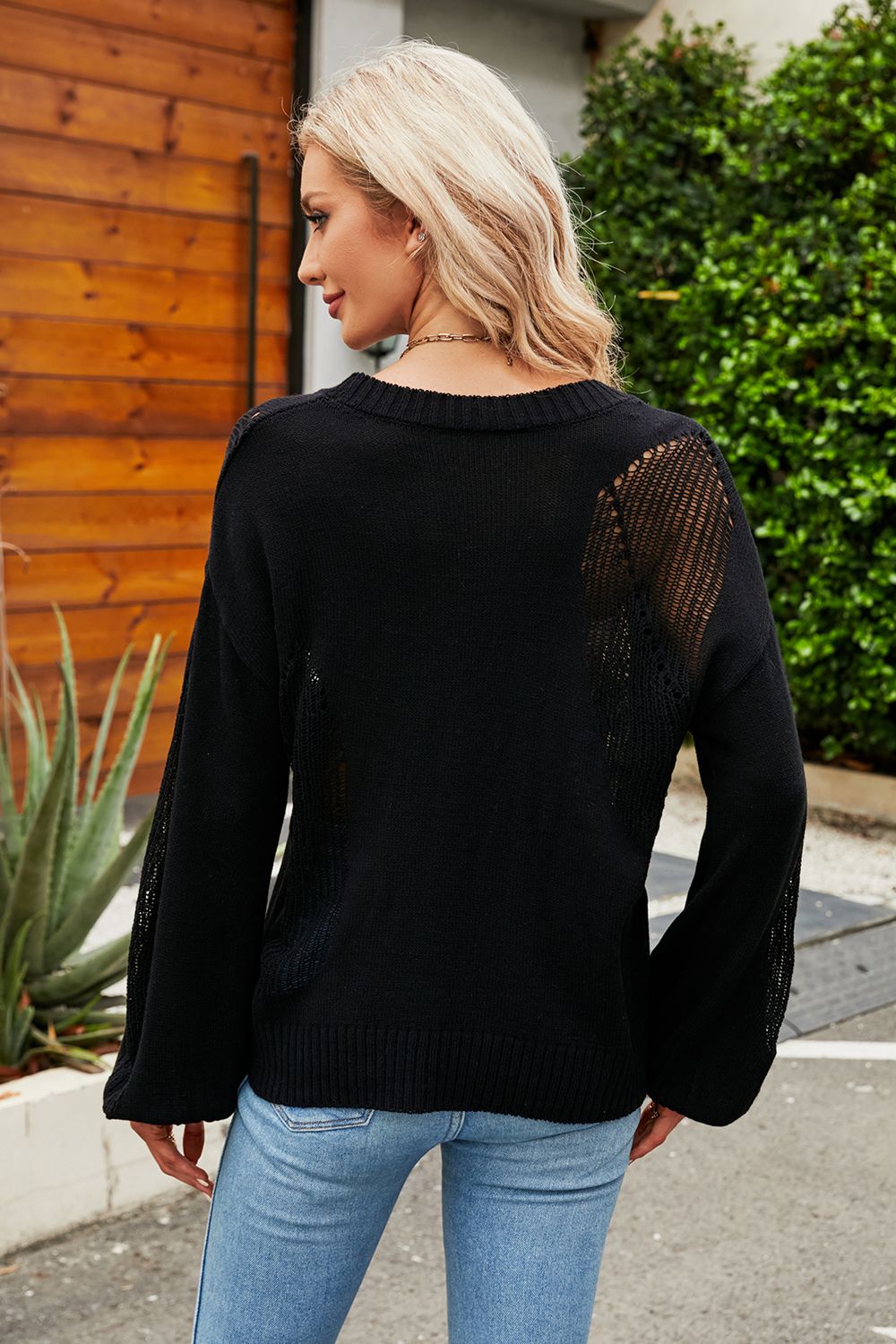 Openwork Round Neck Dropped Shoulder Knit Top-Angel Casuals