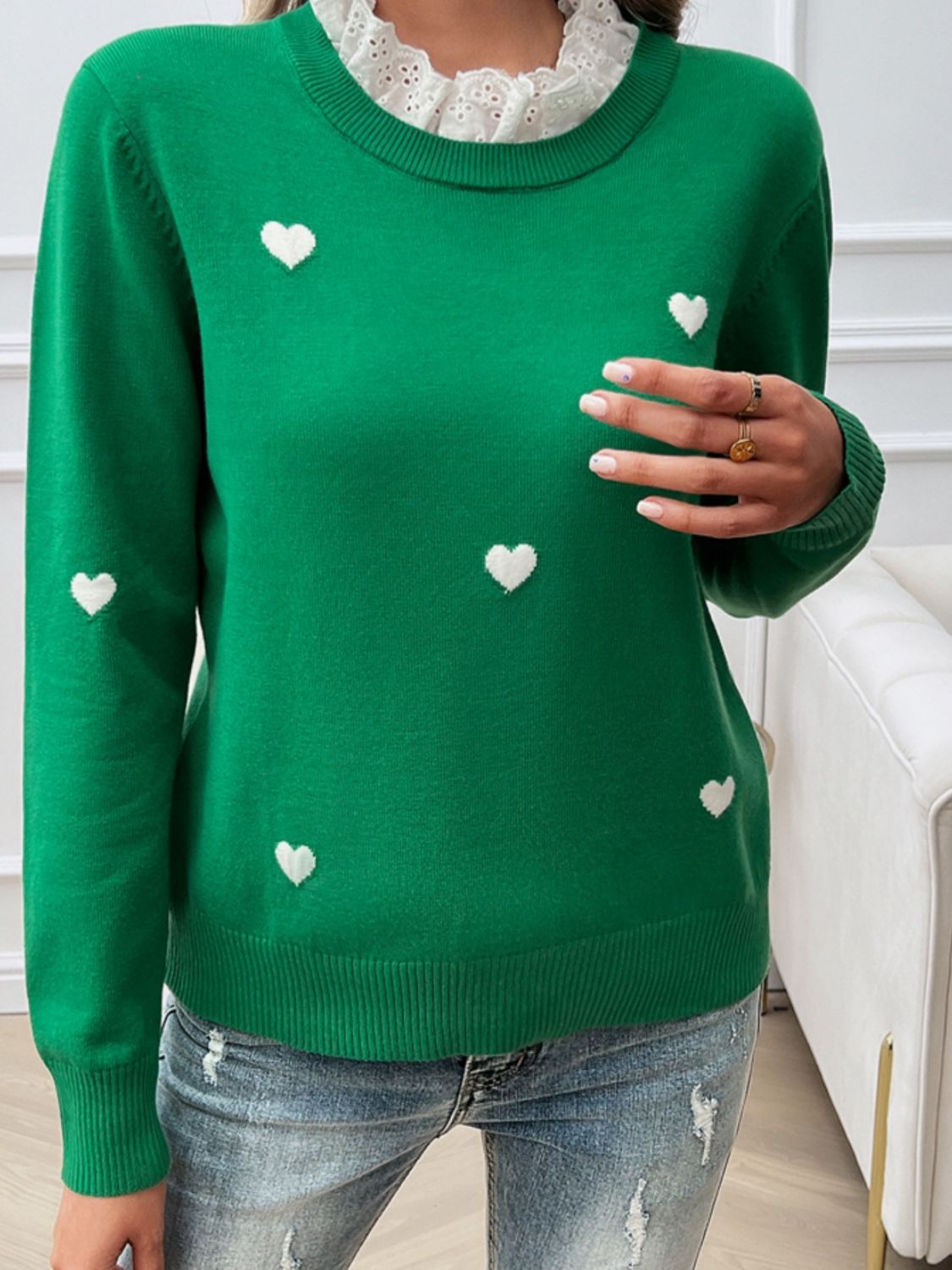 Devine Lace Detail Heart Long Sleeve Sweater-Angel Casuals