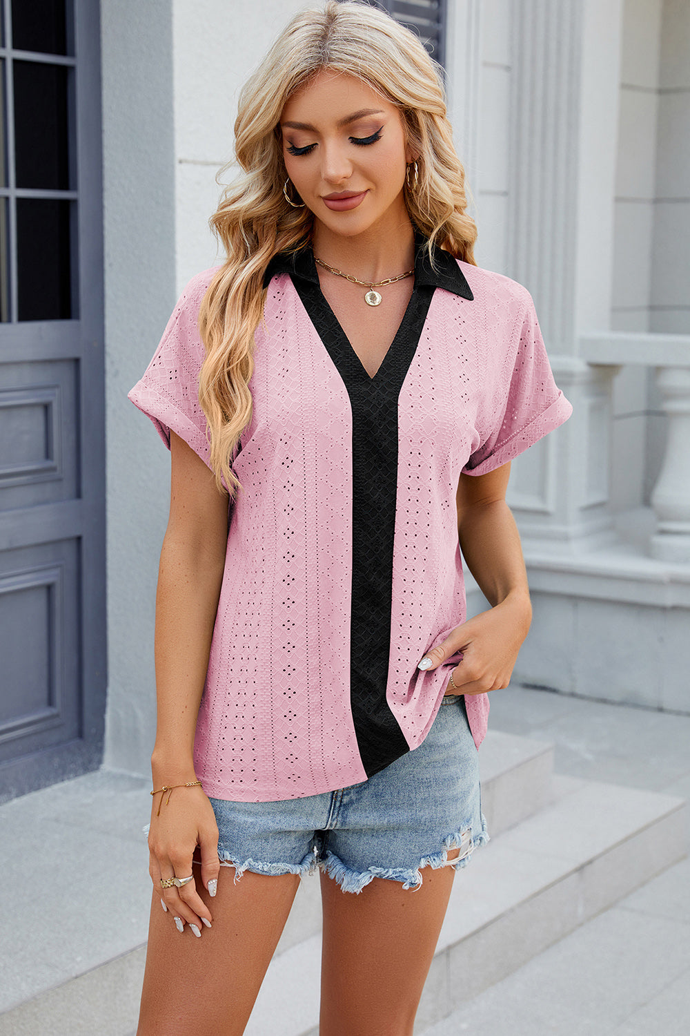 Eyelet Johnny Collar Short Sleeve T-Shirt-Angel Casuals