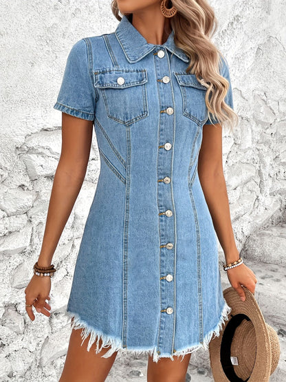 Raw Hem Button Up Short Sleeve Denim Dress-Angel Casuals