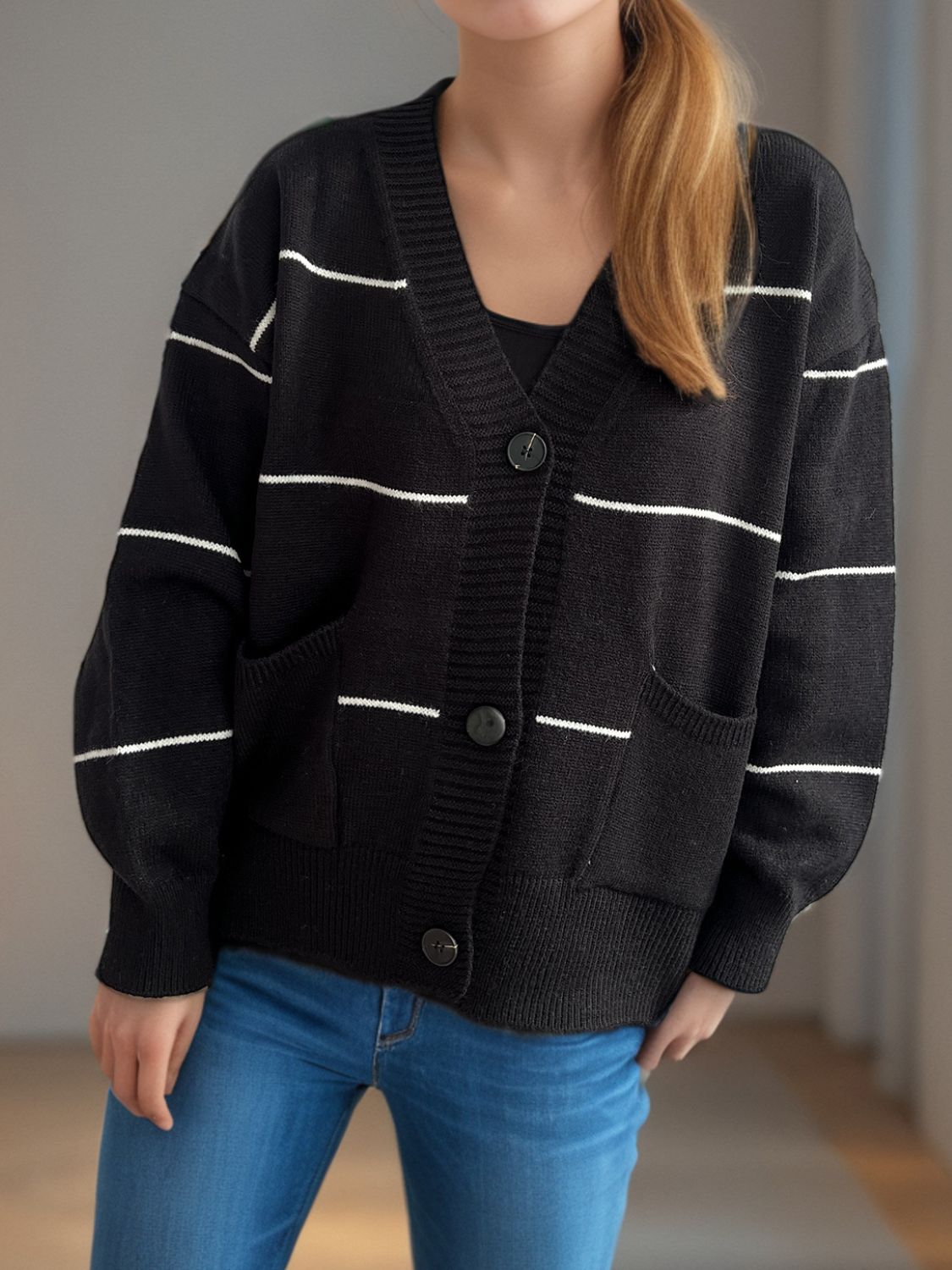 Striped Button Down V-Neck Long Sleeve Cardigan-Angel Casuals