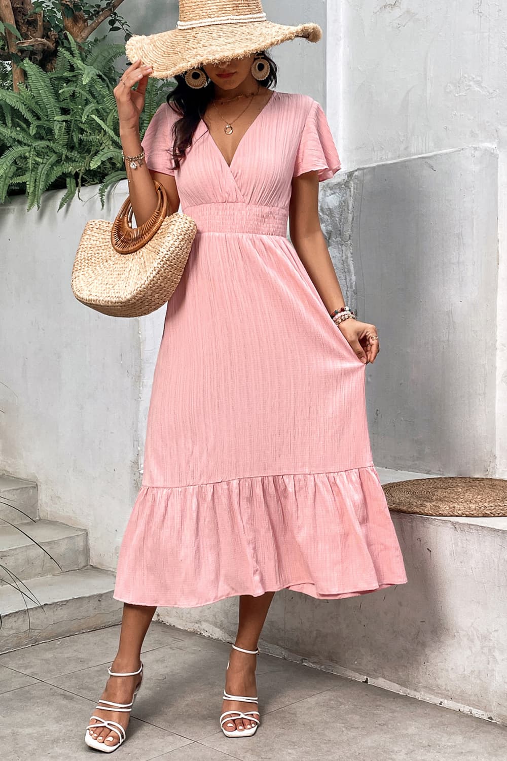 Surplice Neck Smocked Waist Flutter Sleeve Dress-Angel Casuals