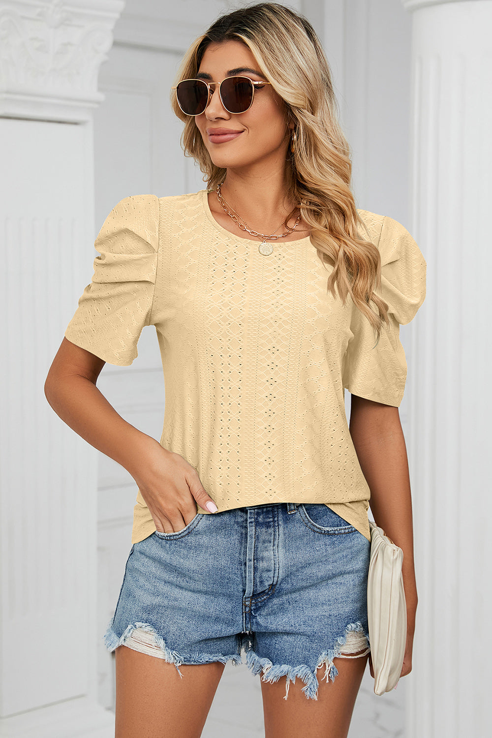 Eyelet Round Neck Puff Sleeve T-Shirt-Angel Casuals