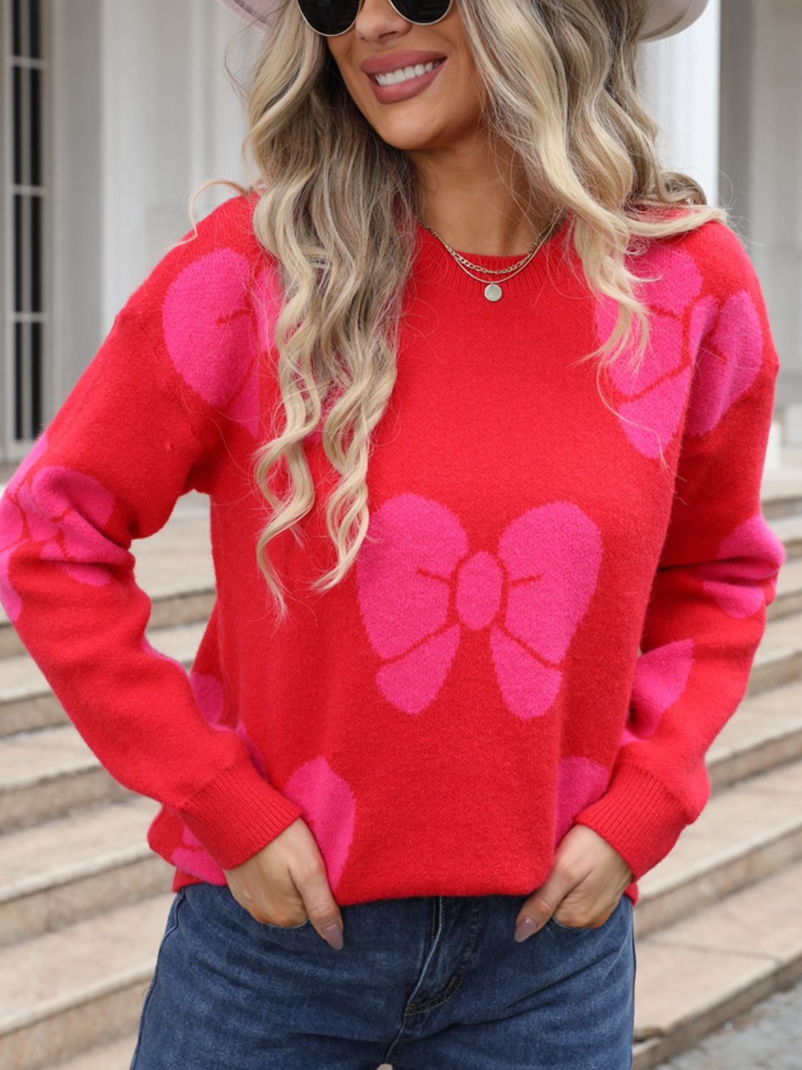 Angel Wings Bow Round Neck Dropped Shoulder Sweater-Angel Casuals