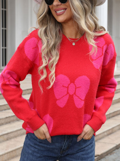 Angel Wings Bow Round Neck Dropped Shoulder Sweater-Angel Casuals