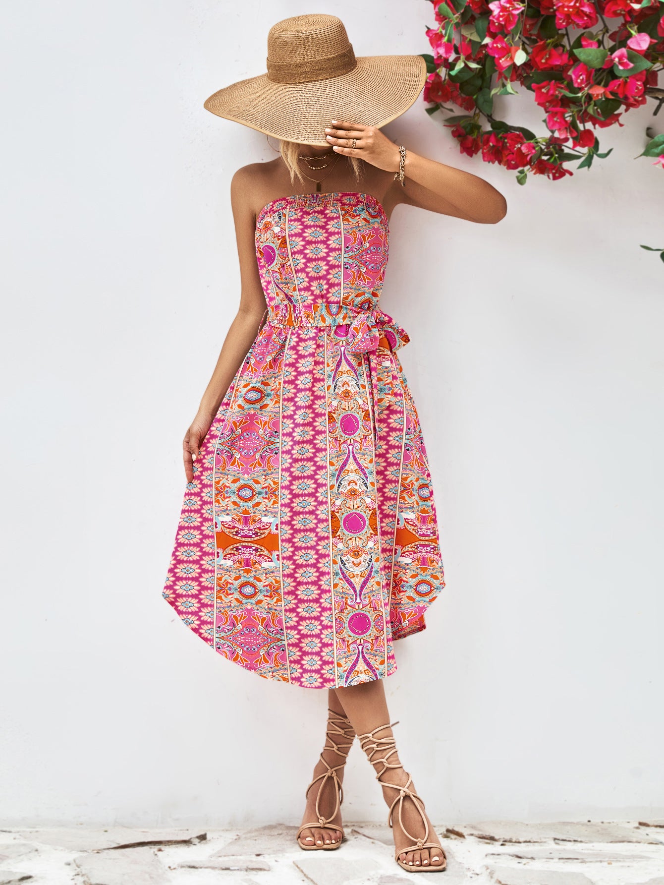 Printed Strapless Tie Belt Dress-Angel Casuals