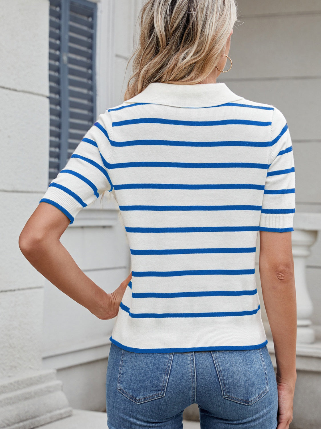 Striped Johnny Collar Short Sleeve Sweater-Angel Casuals