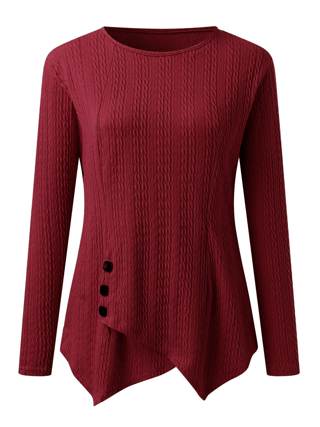 Decorative Button Round Neck Long Sleeve Top-Angel Casuals