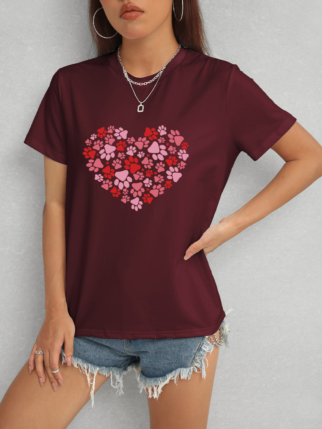 Heart Round Neck Short Sleeve T-Shirt-Angel Casuals