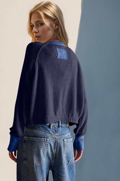 Double Take Contrast Button Up Long Sleeve Cardigan-Angel Casuals