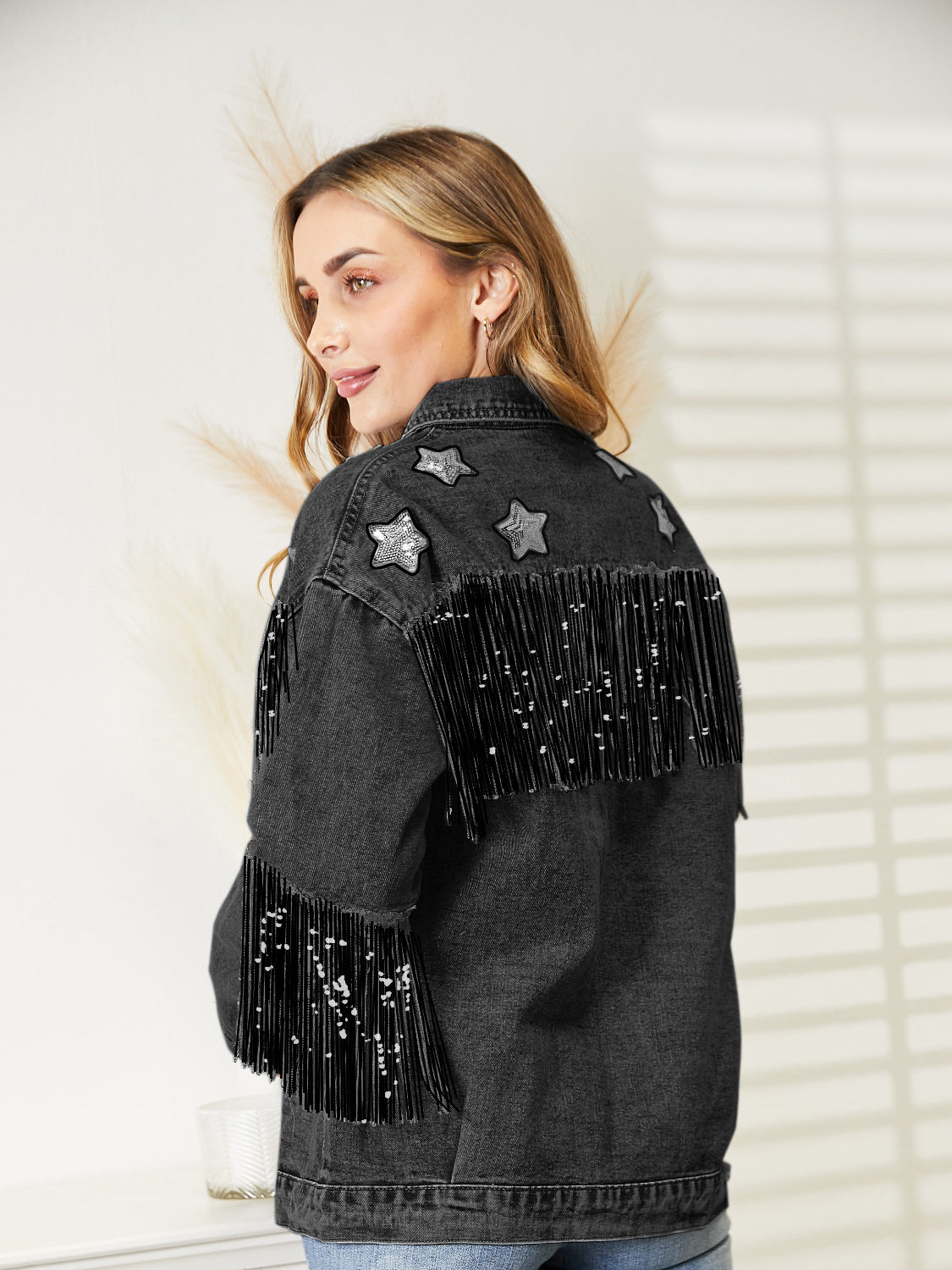 Fringe Detail Long Sleeve Denim Jacket-Angel Casuals