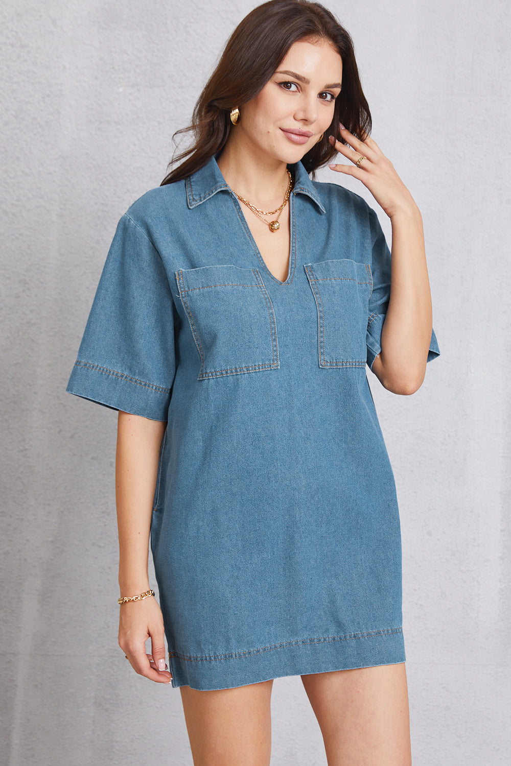 Pocketed Collared Neck Mini Denim Dress-Angel Casuals