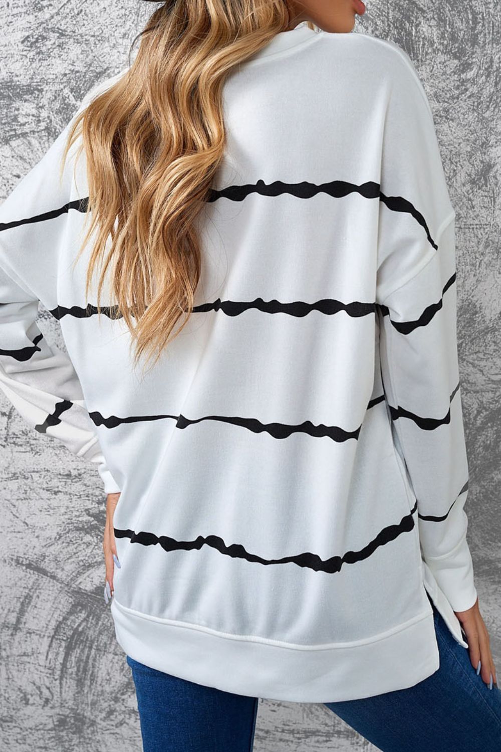 Slit Contrast Striped Round Neck Long Sleeve T-Shirt-Angel Casuals